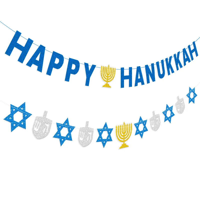 באנר "Happy Hanukkah" ושרשרת סמלי חנוכה – כחול, כסף וזהב