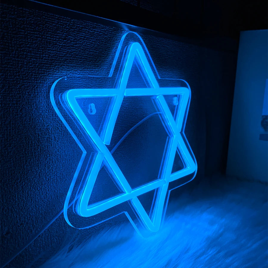 שלט ניאון מגן דוד כחול לקיר – תאורת חנוכה, 24×21.5 ס״מ – תמונה 4