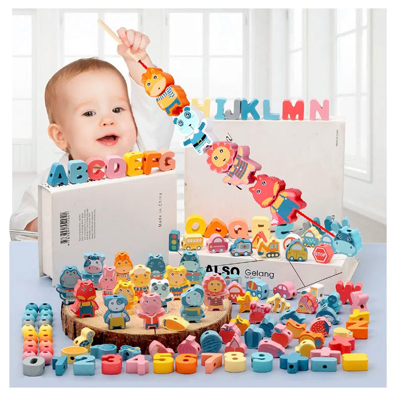 חרוזי עץ להשחלה – חיות, פירות ואותיות