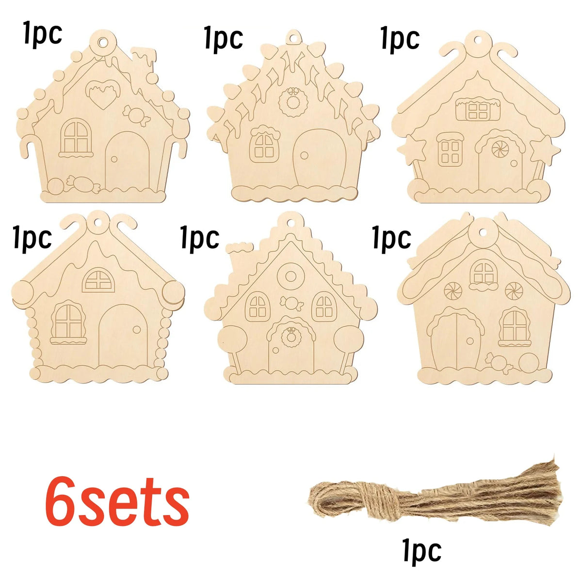 6 בתי ג׳ינג׳ר מעץ לצביעה לחג המולד – קישוטים ליצירה עם חבל לתלייה – תמונה 2