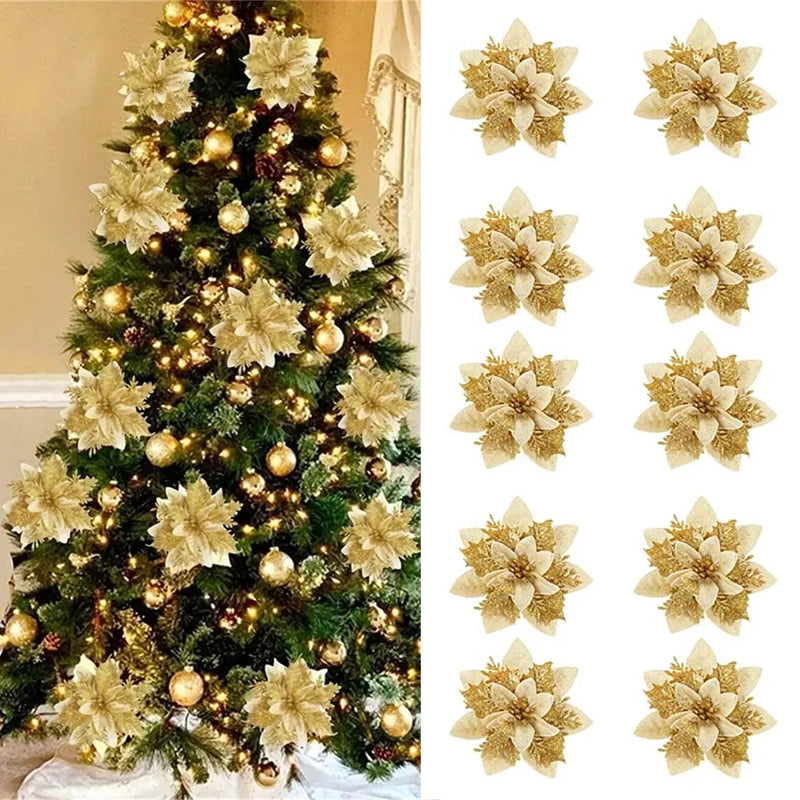 Red glitter poinsettia Christmas tree picks in a bunch
