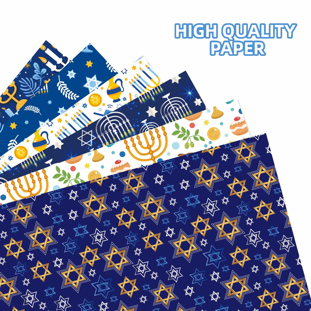 12 גיליונות נייר עטיפה לחנוכה – חנוכיות, מגני דוד וסביבונים – תמונה 6