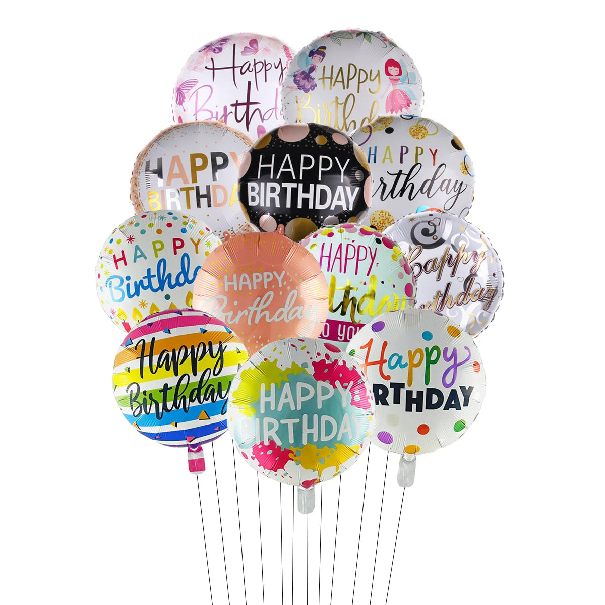 10 בלוני מיילר עגולים "Happy Birthday" – או סוכריות וכדורי 4D – תמונה 2