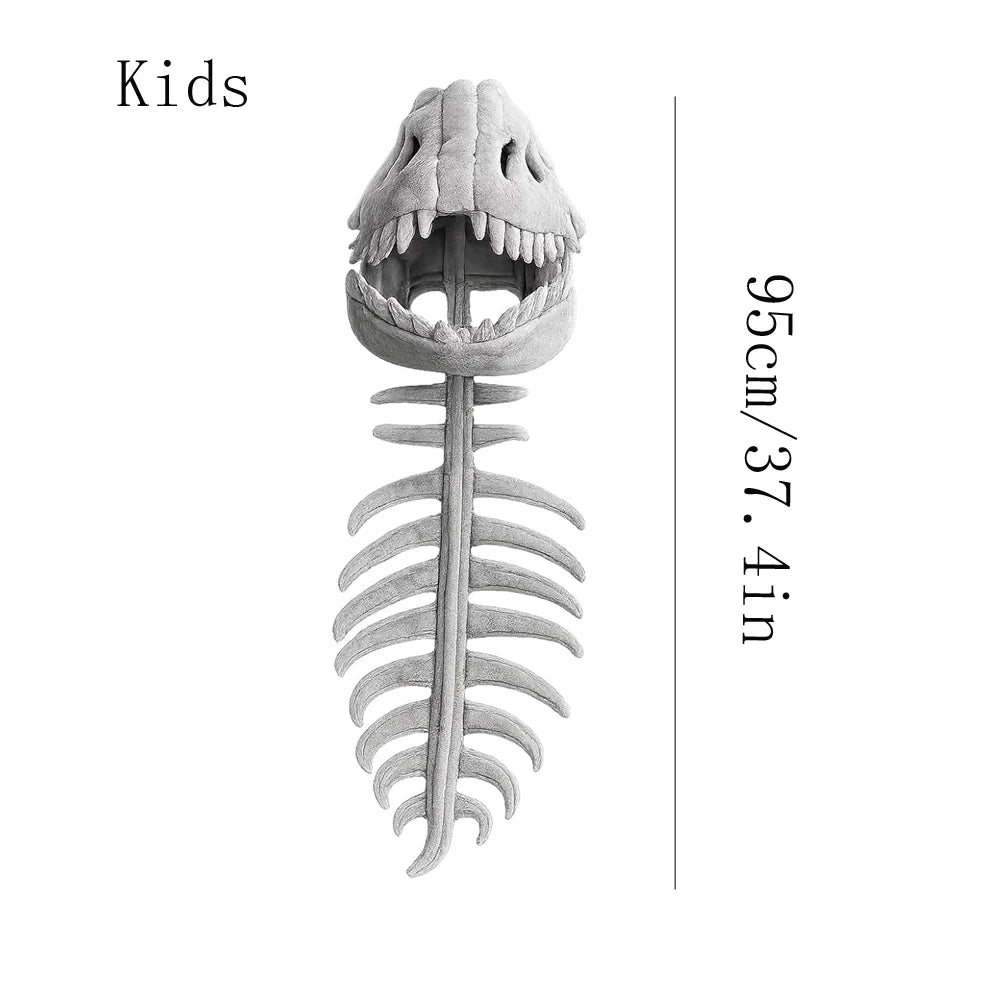 Kids in matching plush dinosaur skeleton costumes at a Halloween party