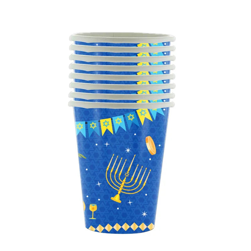 סט כלים חד-פעמיים למסיבת חנוכה – צלחות, כוסות, מפיות ומפה – תמונה 3