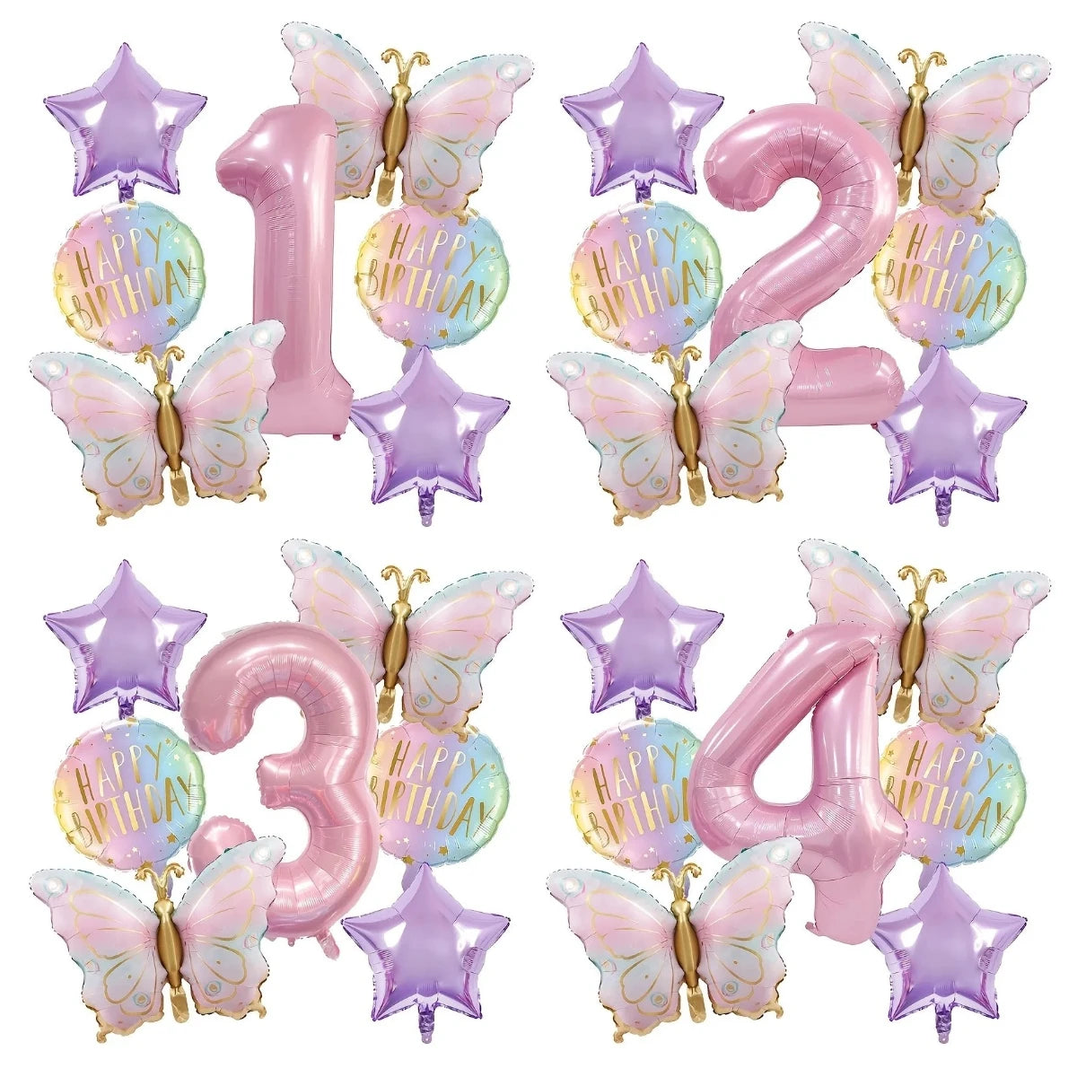 סט 7 בלוני פרפרים ורודים עם בלון ספרה – ספרות 1–9