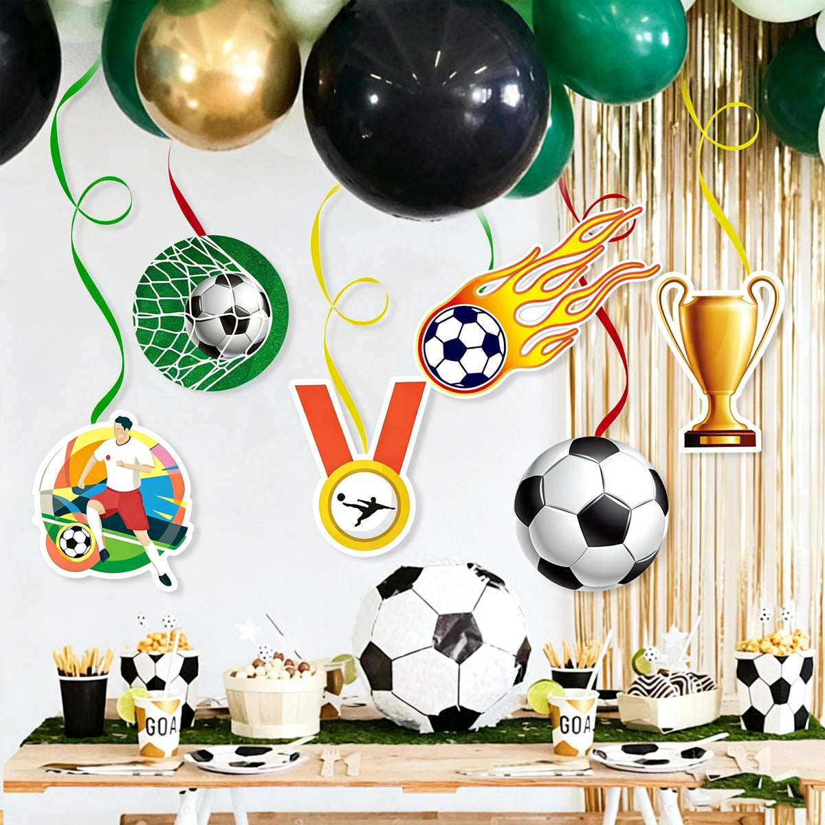 קישוטי כדורגל ליום הולדת – שרשרת Happy Birthday וספירלות תלייה – תמונה 4