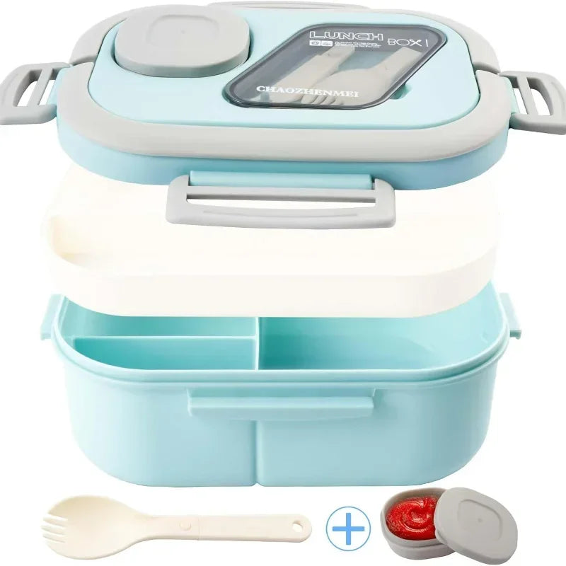 קופסת אוכל בנטו 1200 מ״ל בשתי קומות – בלי BPA, עם כף וכלי לרוטב – תמונה 5
