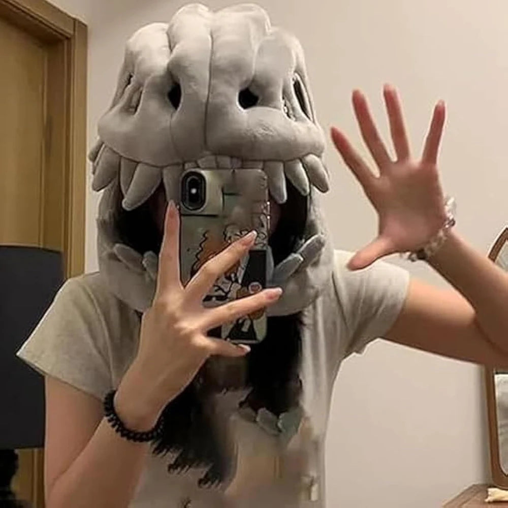 Back view of the plush dinosaur skeleton costume showing the tail