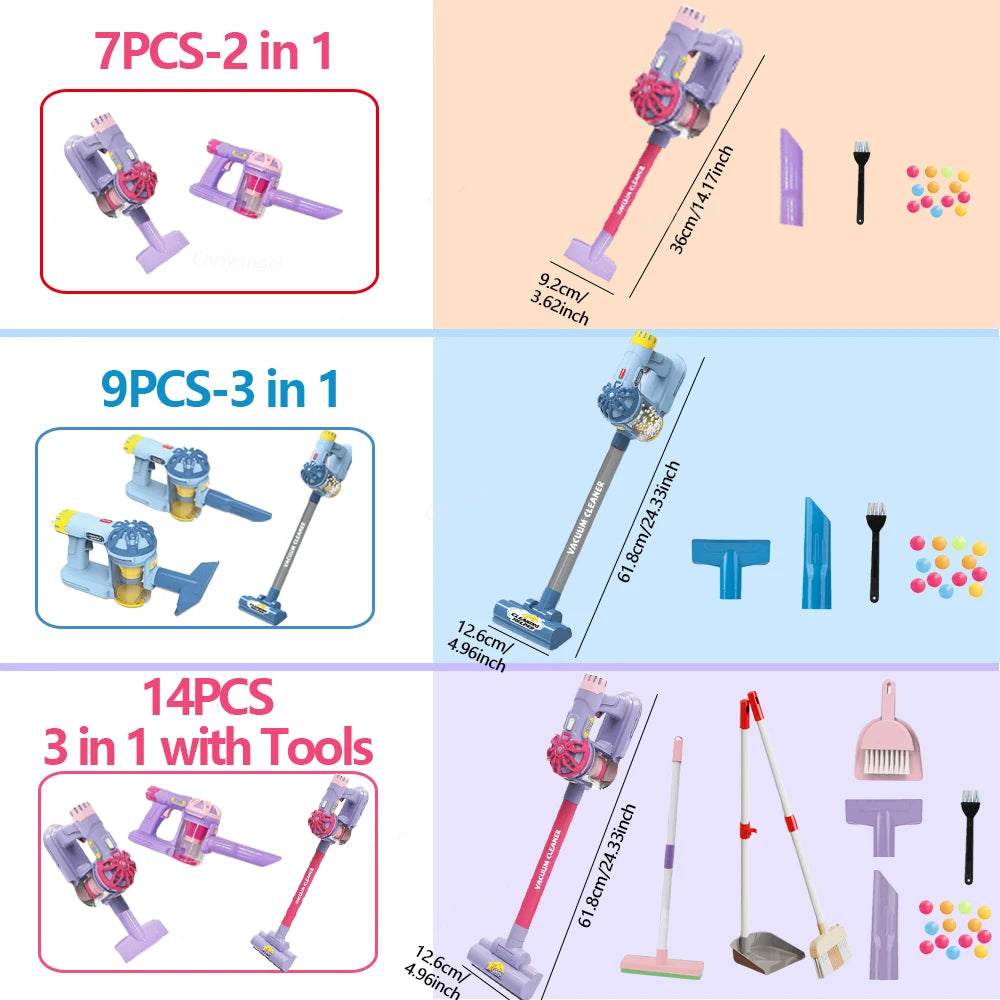 Close-up of the toy vacuum and cleaning accessories for kids
