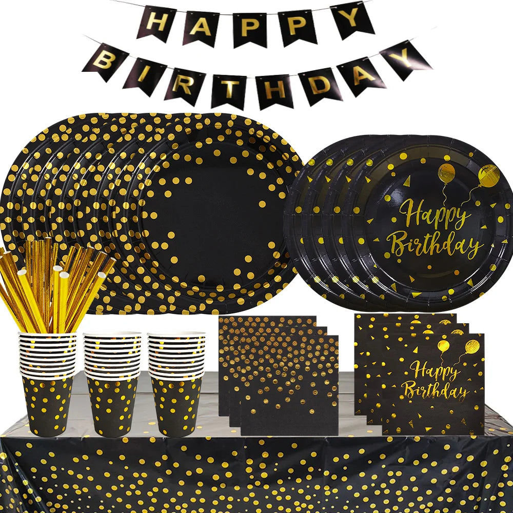 כלים חד-פעמיים שחור-זהב "Happy Birthday" – צלחות, כוסות, מפיות וסטים