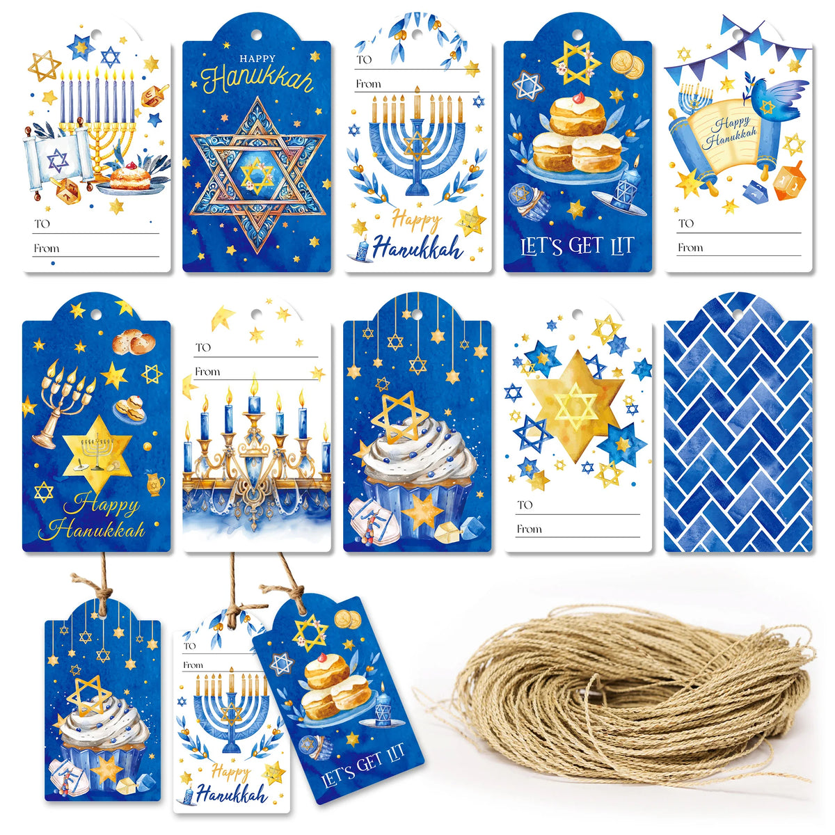 60 תגיות מתנה לחנוכה עם חוט – עיצובים בכחול וזהב