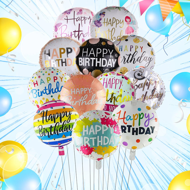 10 בלוני מיילר עגולים "Happy Birthday" – או סוכריות וכדורי 4D