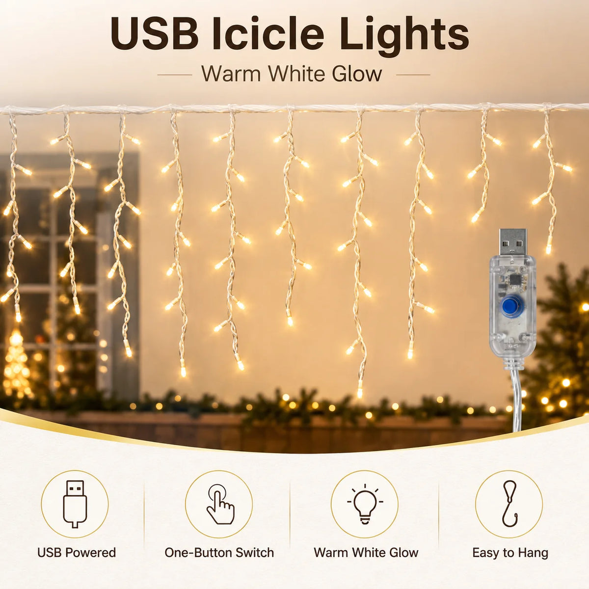 שרשרת אורות "נטיפי קרח" לסילבסטר – USB, 6 או 10 מטר – תמונה 3