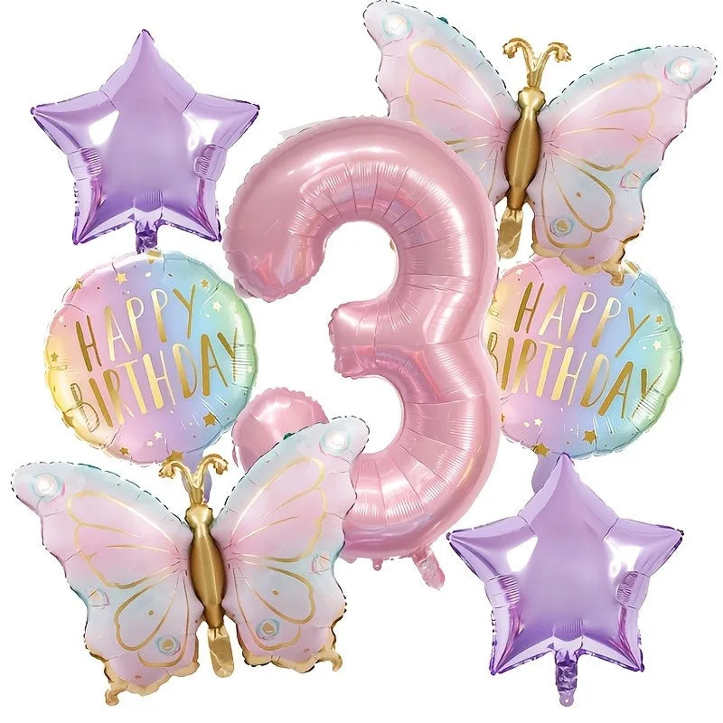 סט 7 בלוני פרפרים ורודים עם בלון ספרה – ספרות 1–9 – תמונה 4