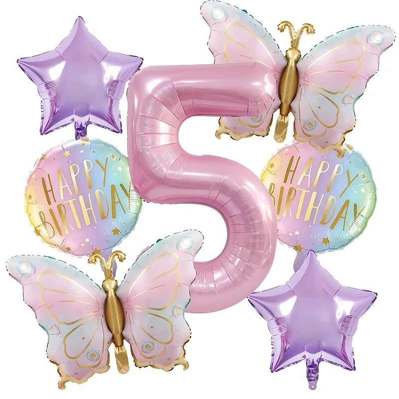 סט 7 בלוני פרפרים ורודים עם בלון ספרה – ספרות 1–9 – תמונה 7