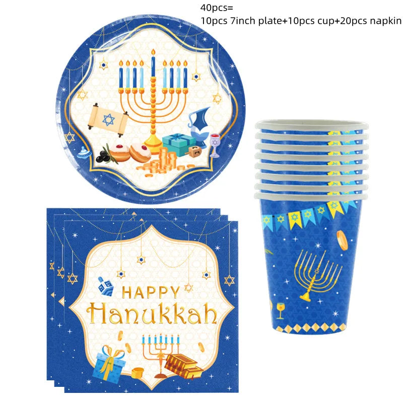 סט כלים חד-פעמיים למסיבת חנוכה – צלחות, כוסות, מפיות ומפה – תמונה 6