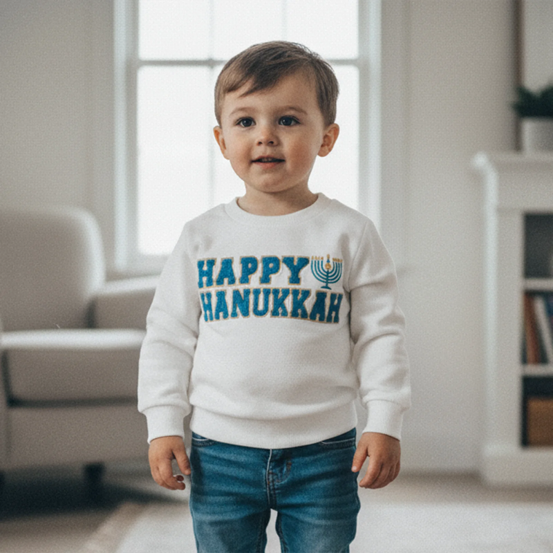 סווטשירט "Happy Hanukkah" לתינוקות ופעוטות – תכלת או לבן