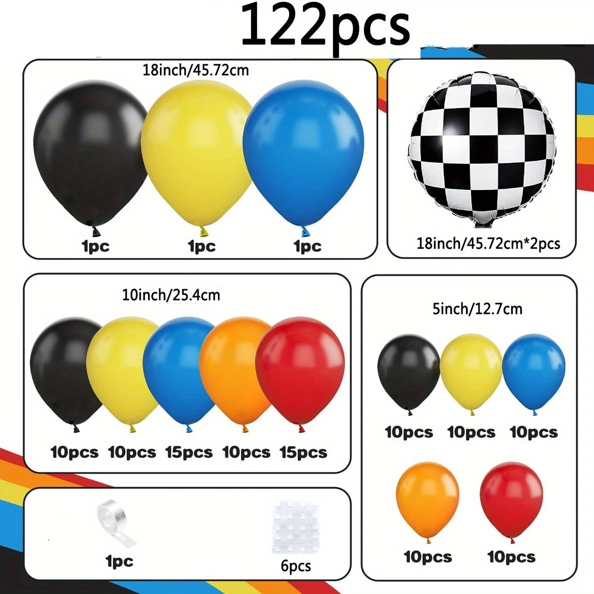 ערכת קשת 122 בלונים למסיבת מרוץ – עם בלוני משבצות