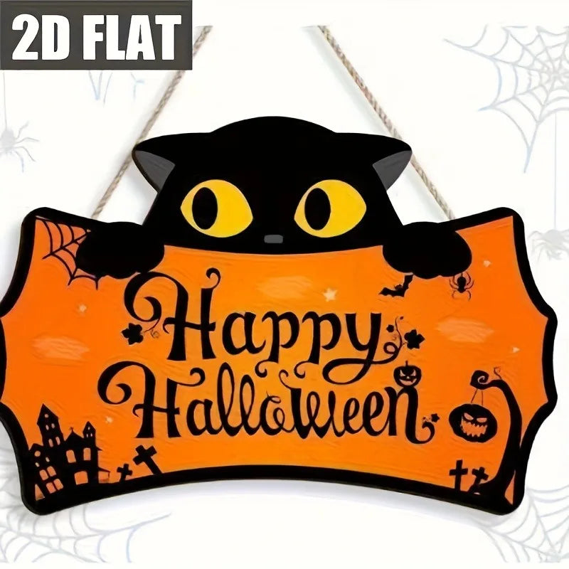 שלט עץ לדלת "Happy Halloween" – חתול שחור או רוח BOO – תמונה 3