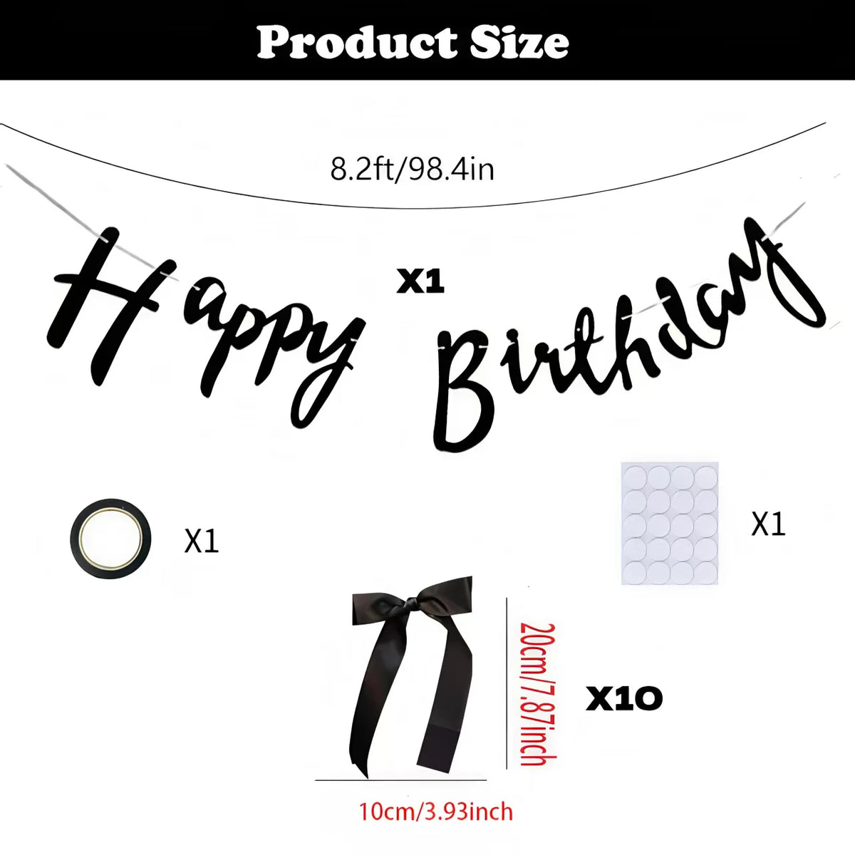 קישוט קיר "Happy Birthday" עם פפיונים – שחור או ורוד – תמונה 2