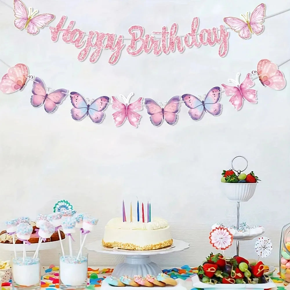 שרשרת "Happy Birthday" עם פרפרים בפסטל ורוד וסגול