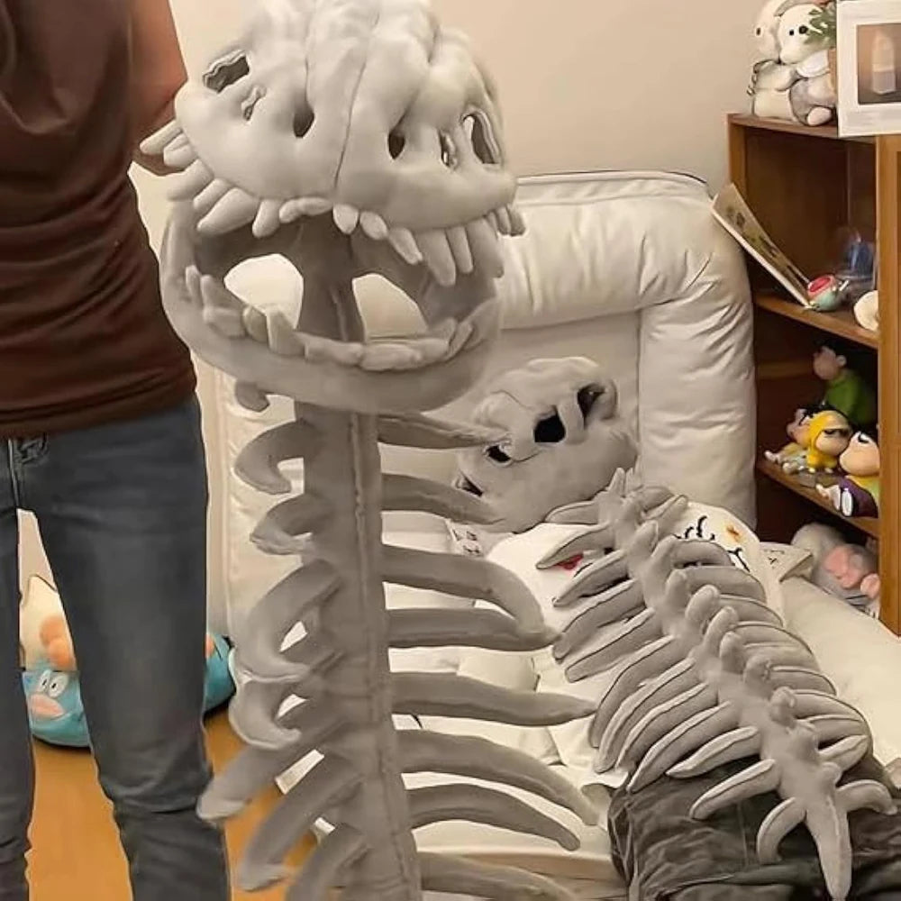 Adult wearing a furry dinosaur skeleton costume for Halloween