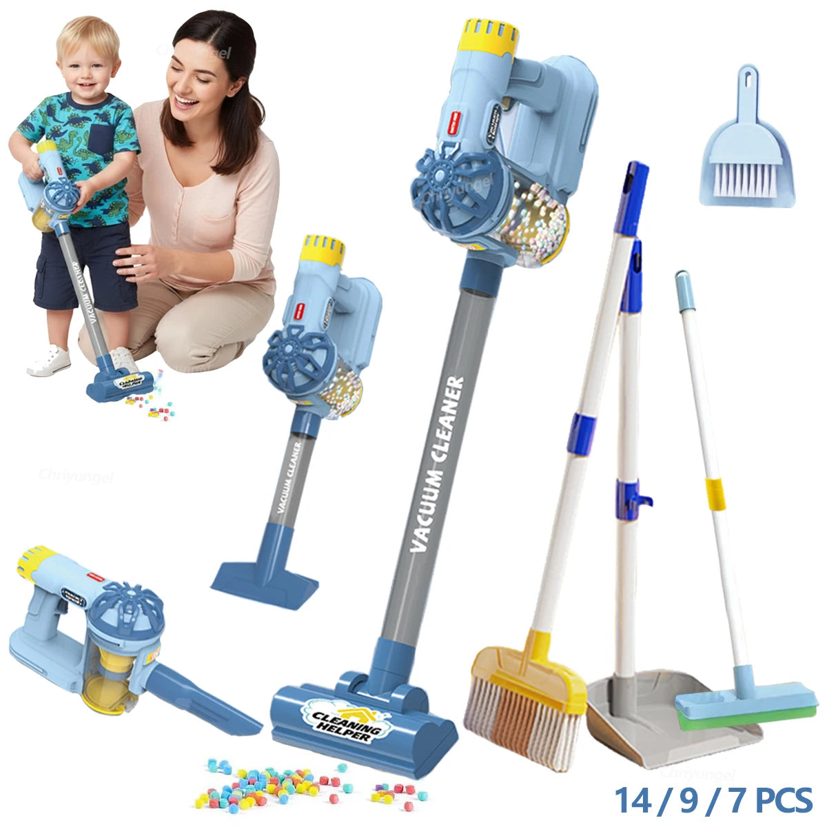 Kids cleaning set with working vacuum and small cleaning tools
