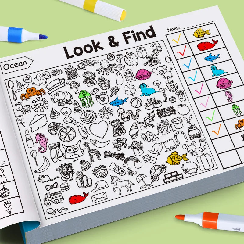 Several pages of the 32-page activity book spread out