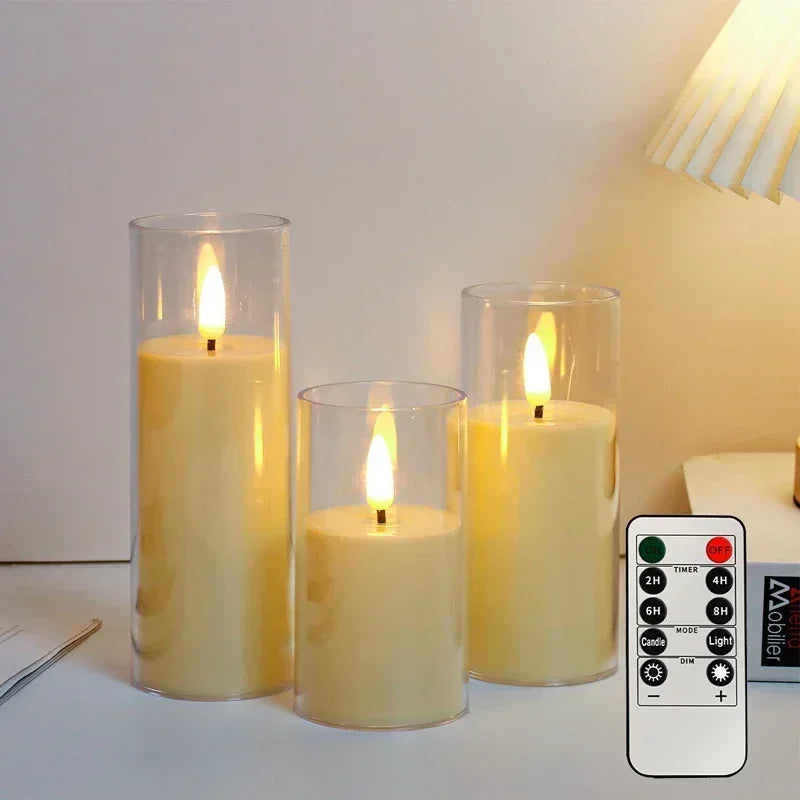 Glowing LED candles on a shelf in a dim living room