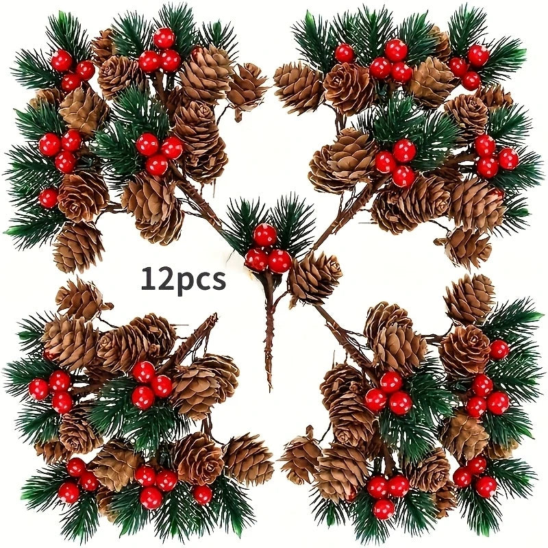 12 אצטרובלים עם פירות אדומים – קישוט לעץ האשוח