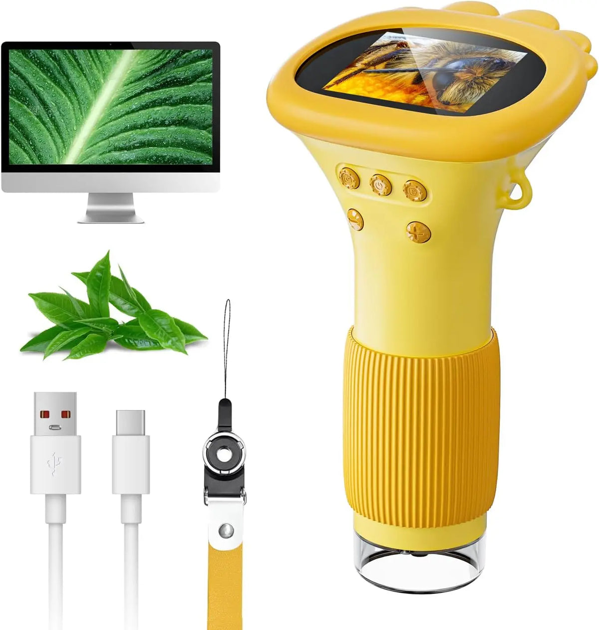 מיקרוסקופ כיס צהוב לצד כבל USB, רצועת תלייה ומסך מחשב שמציג עלה מוגדל