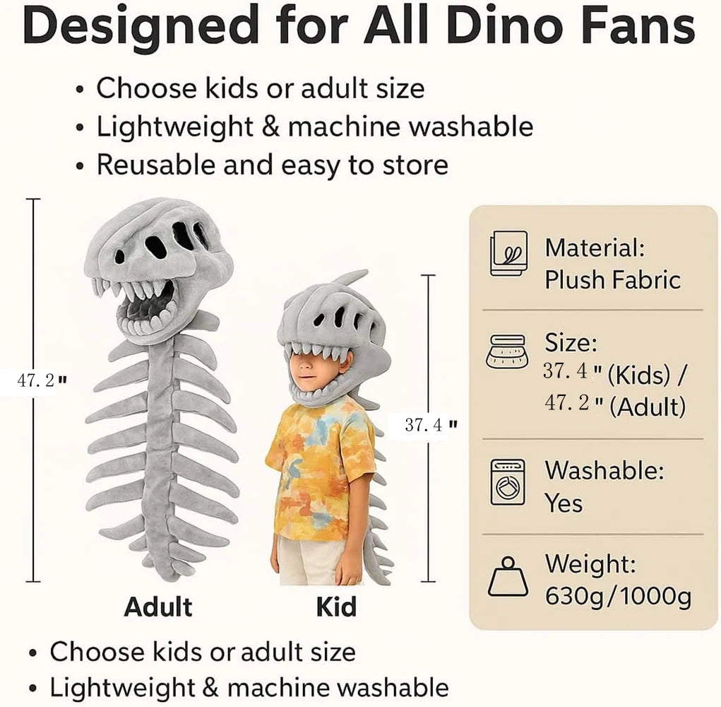 Dinosaur skeleton costume hood with sculpted skull face and teeth